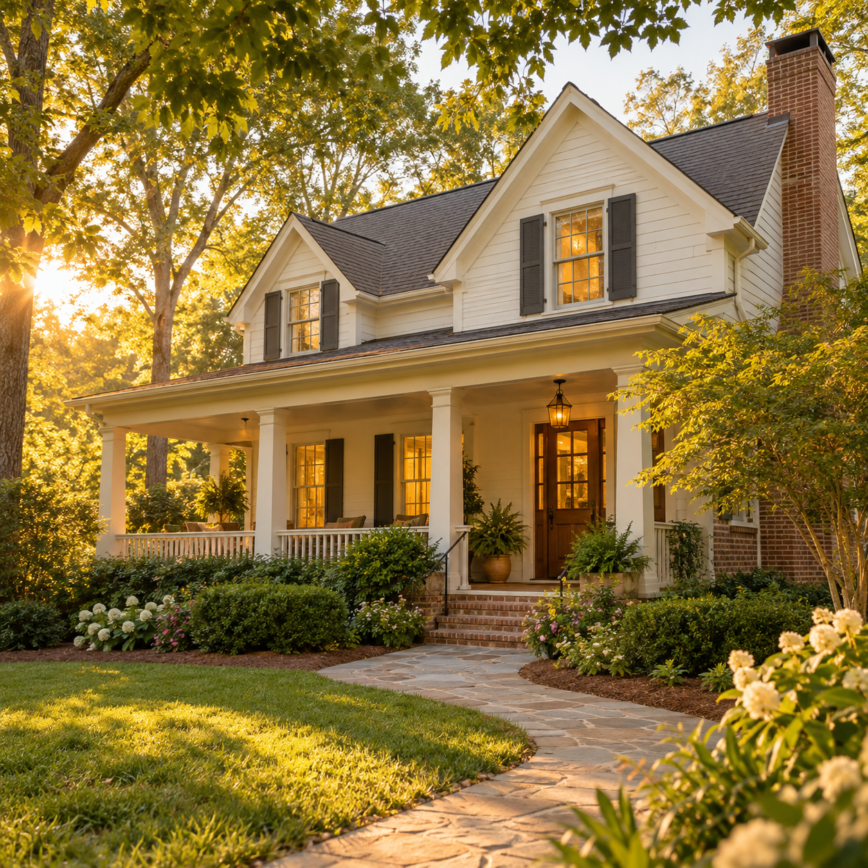 Classic cream-colored home with a welcoming porch in warm afternoon light